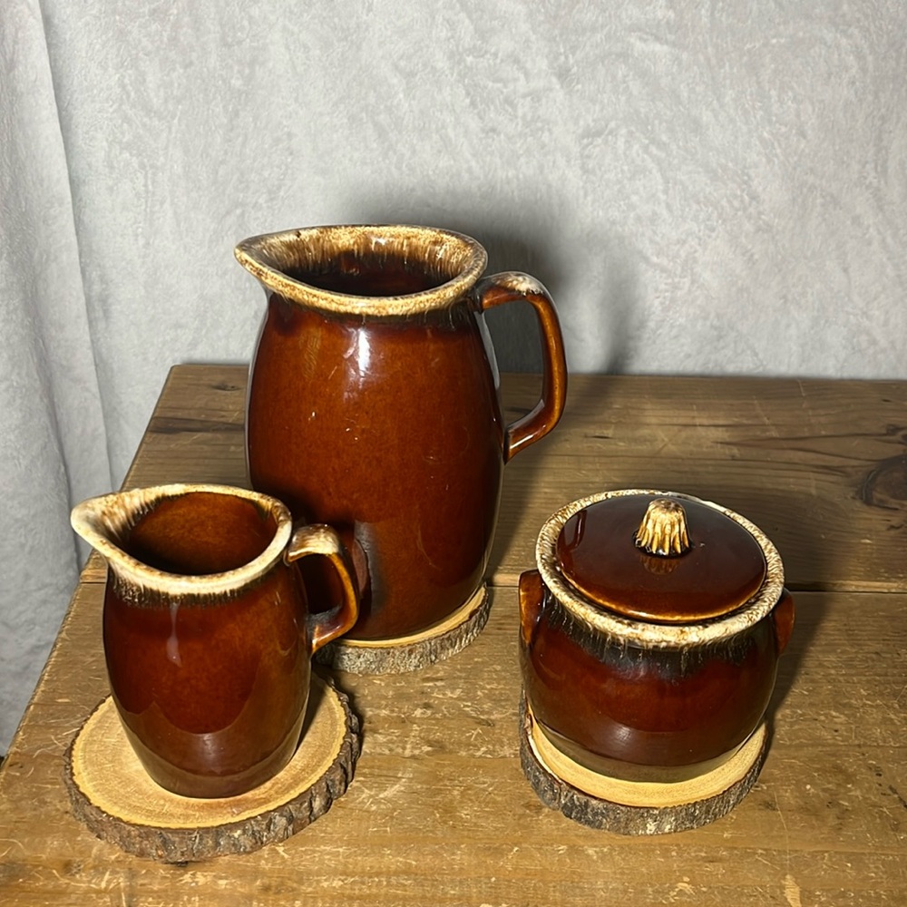 VTG HULL POTTERY USA, brown drip glaze,oven proof set